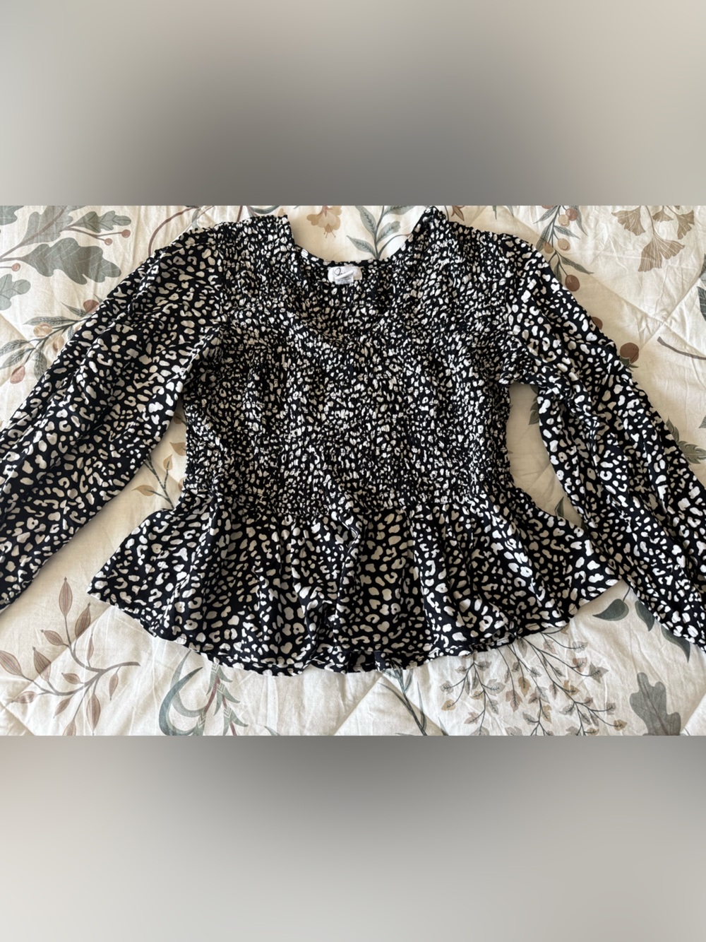 Black and White Animal Print Smocked Waist Blouse